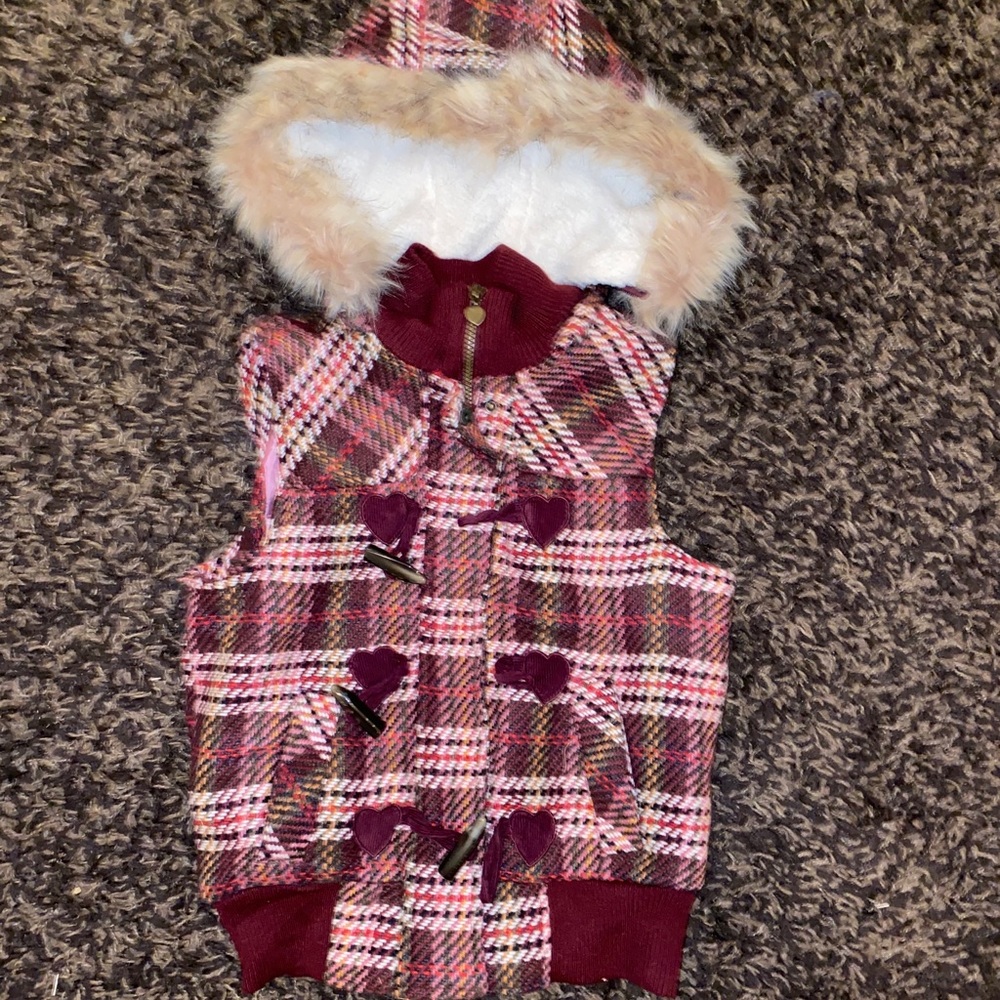 Wet Seal Plaid Vest with Faux Fur Hood